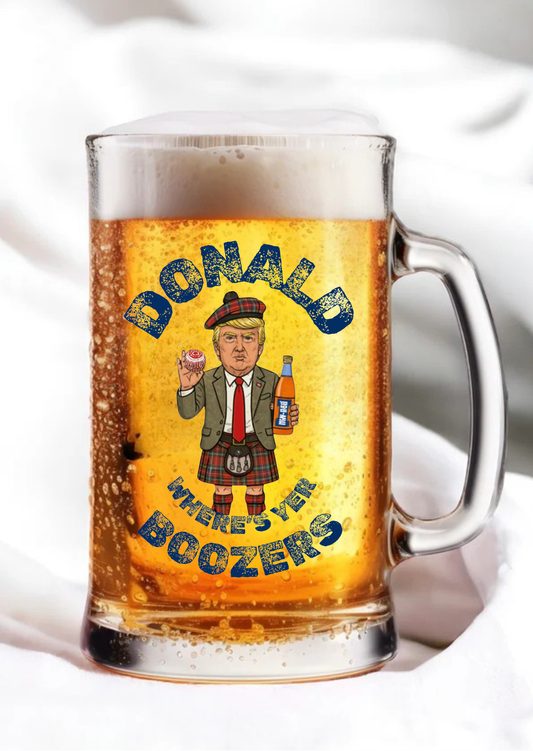 Funny Scottish Beer Tankard – “Donald Where’s Yer Boozers” Kilt Design – Novelty Gift for Him